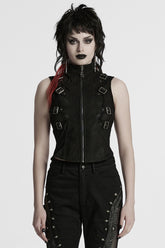 Black Stand Collar Stitching Mesh Buckle Women's Punk Vest
